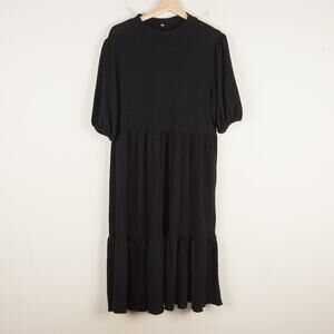 Zara High Neck Black Soft Touch Knit Ruffle Hem Tiered Midi Dress Womens Sz XL